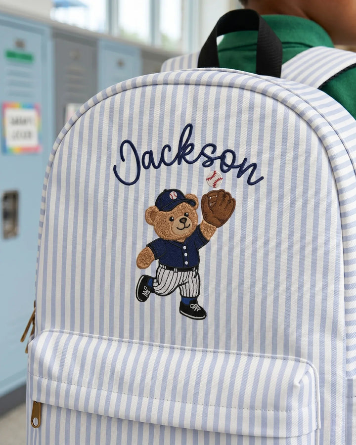 Custom Name Teddy Bear Baseball Embroidered Backpack