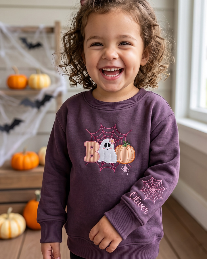 Boo Web Pumpkin Applique Embroidered Bamboo Crewneck Sweatshirt