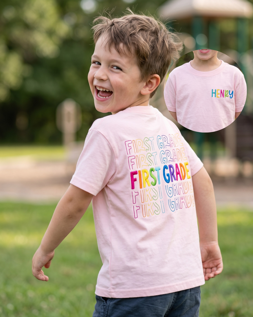 Custom Name First Grade Glow Embroidered Bamboo Crewneck T-Shirt