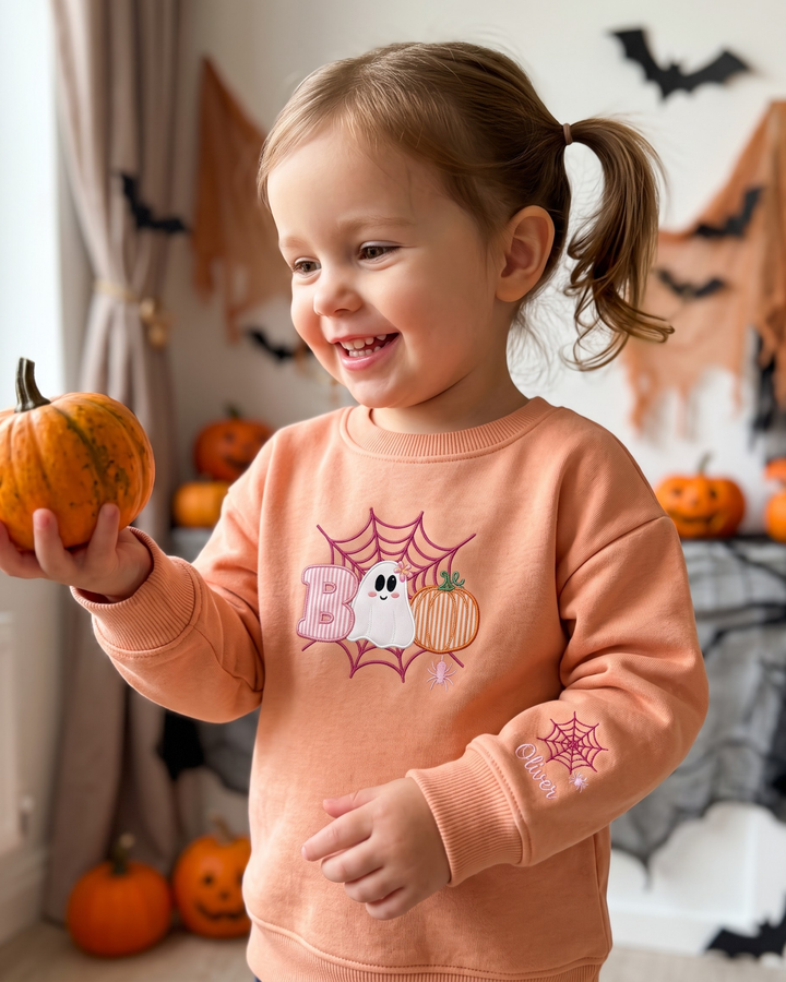 Boo Web Pumpkin Applique Embroidered Bamboo Crewneck Sweatshirt