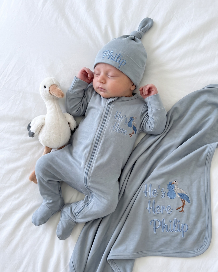 He's Here Embroidered Bamboo Welcome Home Bundle