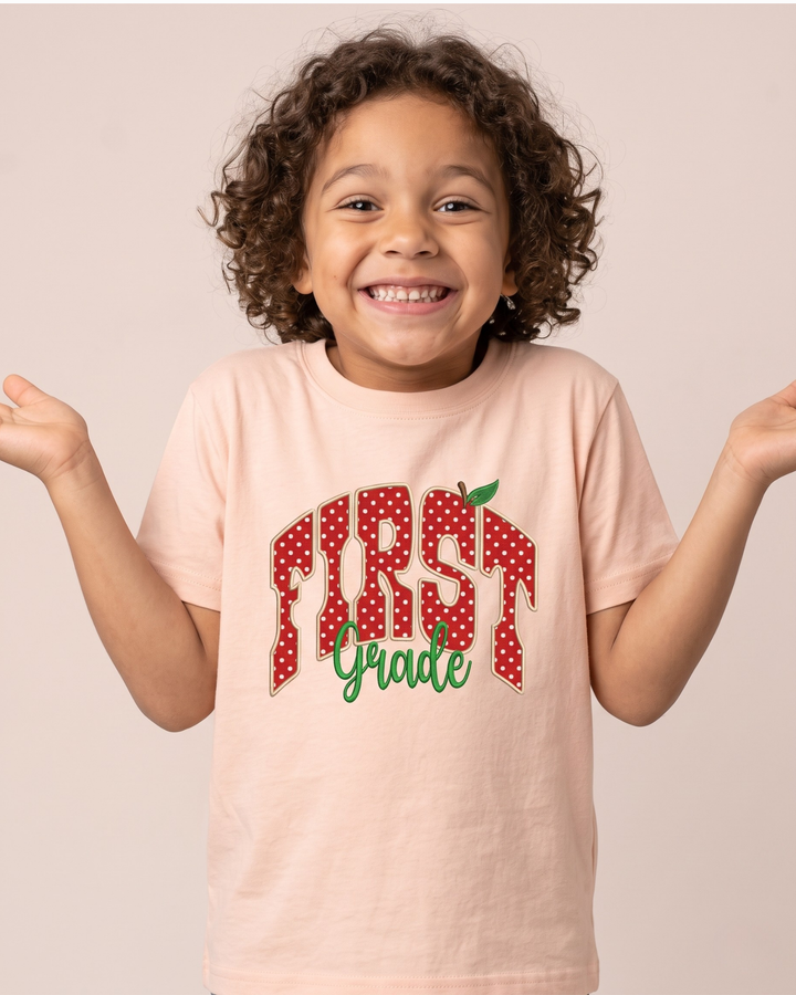 Custom Grade Apple Dot Applique Embroidered Bamboo Crewneck T-Shirt
