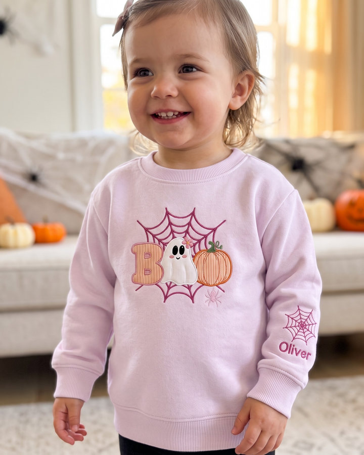 Boo Web Pumpkin Applique Embroidered Bamboo Crewneck Sweatshirt