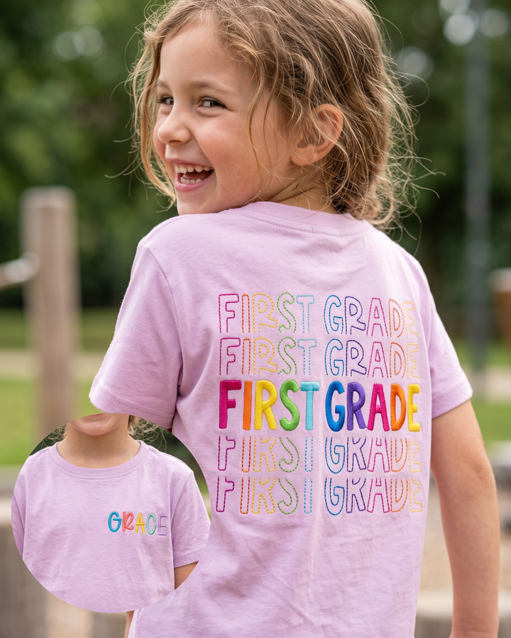 Custom Name First Grade Glow Embroidered Bamboo Crewneck T-Shirt