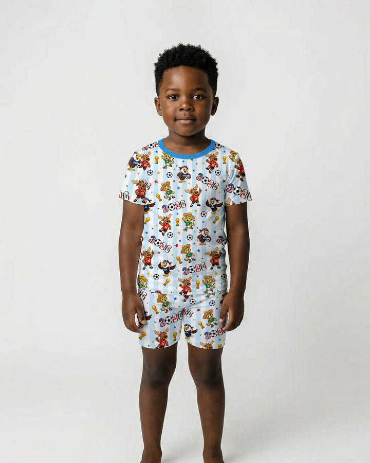 Striped Cute Mascots Soccer Cup 2026 Bamboo Two Piece Short Sleeve Shorts Pajama Set