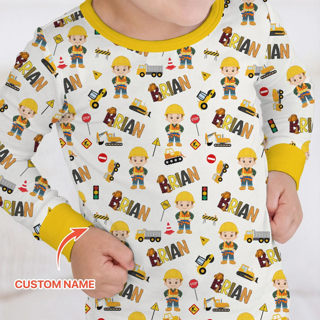 Custom Name Doodle Little Builder Bamboo Two Piece Long Sleeve Pajama Set