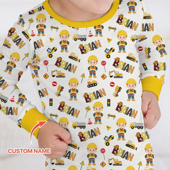 Custom Name Doodle Little Builder Bamboo Two Piece Long Sleeve Pajama Set