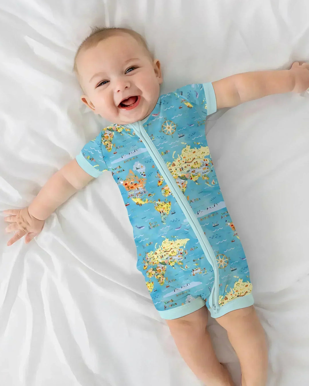 Whimsical World Map Family Matching Bamboo Shorty Zippy