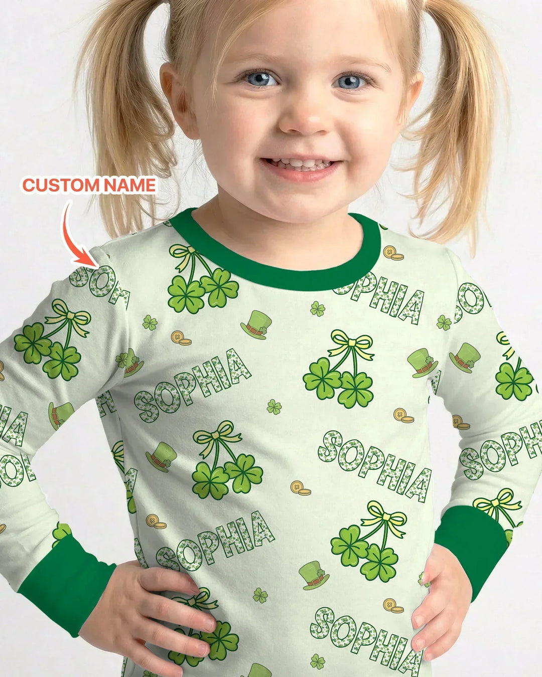 Custom Name Lucky Little Shamrock Bamboo Two Piece Long Sleeve Pajama Set