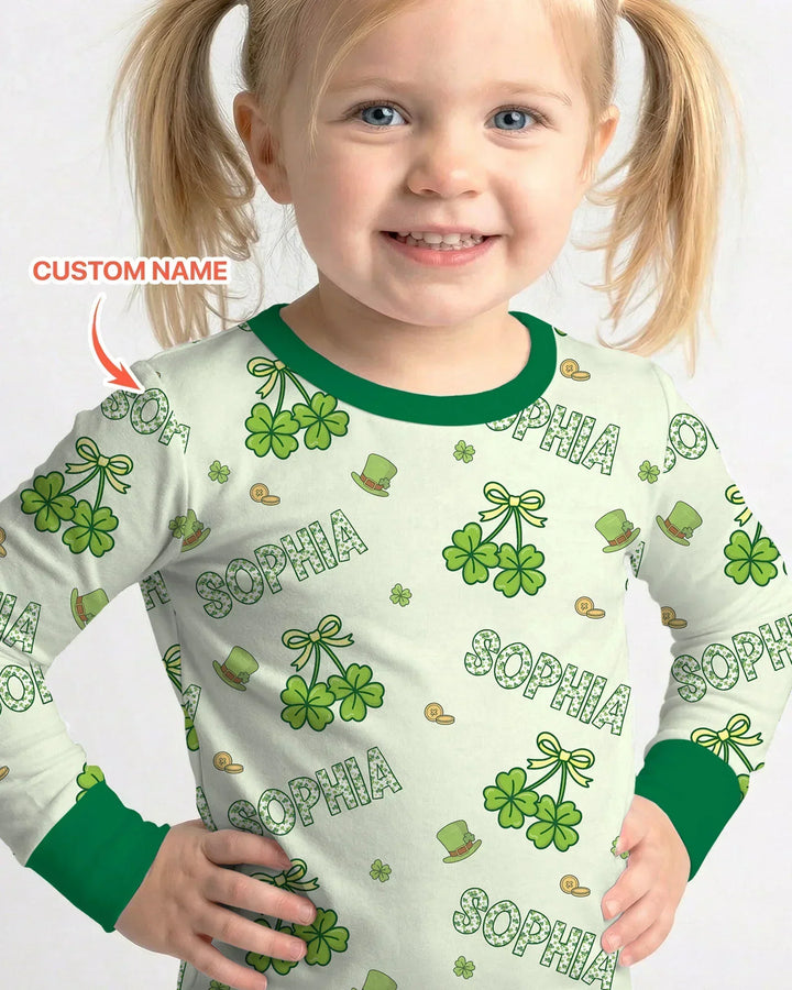 Custom Name Lucky Little Shamrock Bamboo Two Piece Long Sleeve Pajama Set