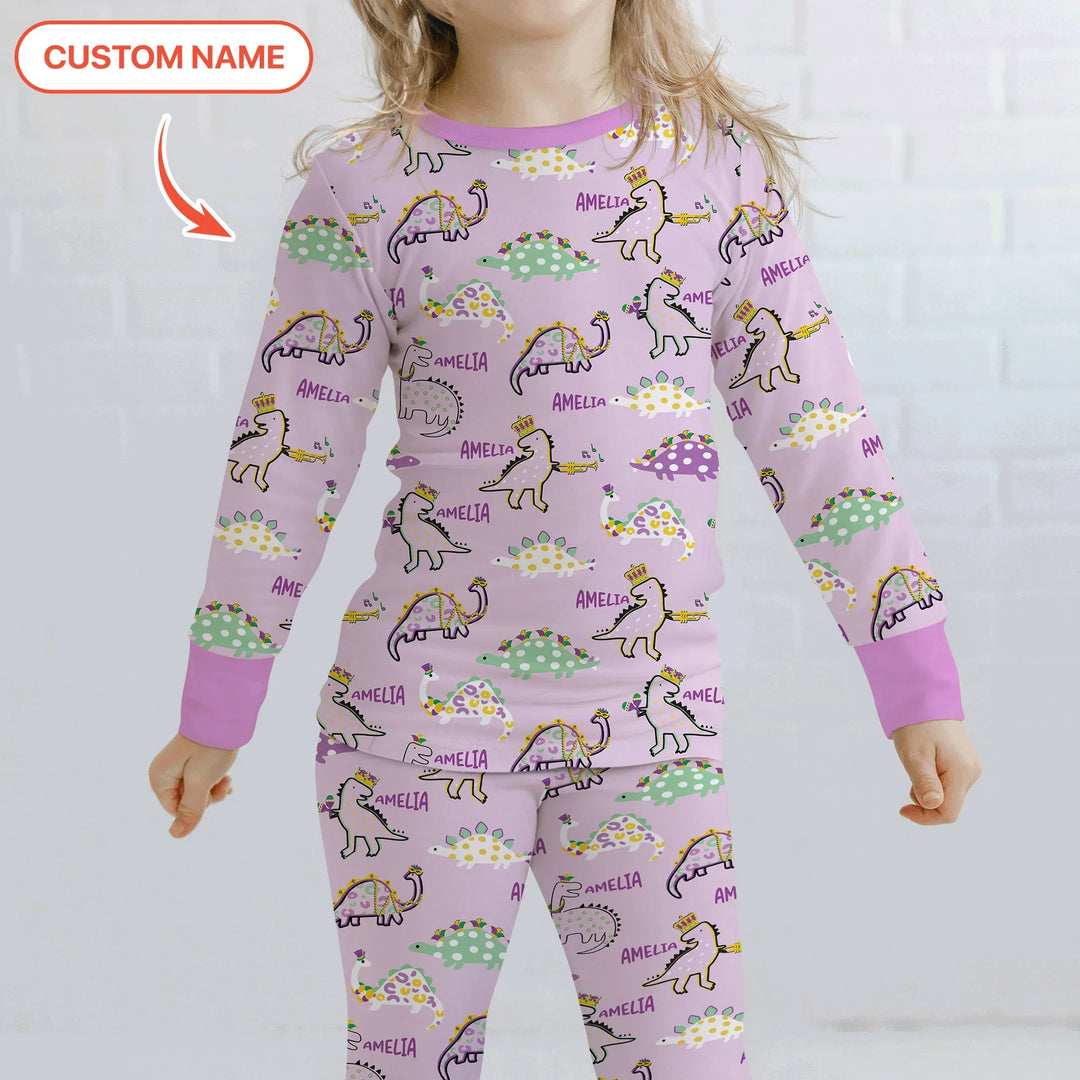 Custom Name Mardi Gras Saurus Bamboo Two Piece Long Sleeve Pajama Set