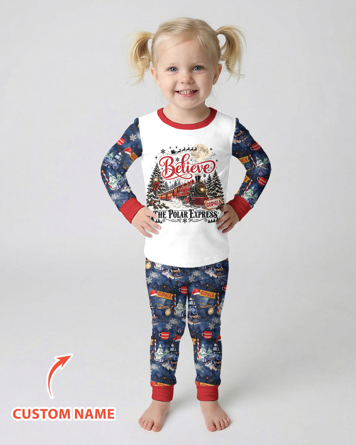 Believe North Pole Train Custom Name  Bamboo Two Piece Long Sleeve Pajama Set