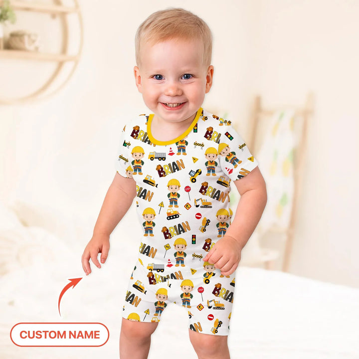 Custom Name Doodle Little Builder Bamboo Two Piece Short Sleeve Shorts Pajama Set