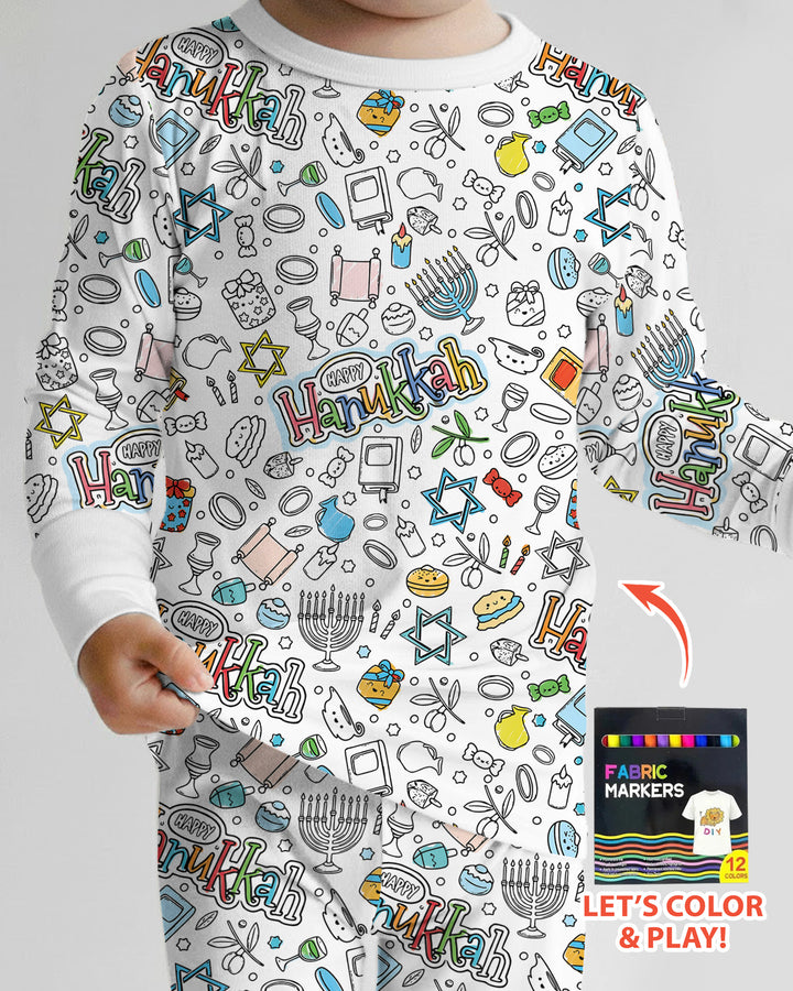 Happy Hanukkah Colorable Bamboo Two Piece Long Sleeve Pajama Set