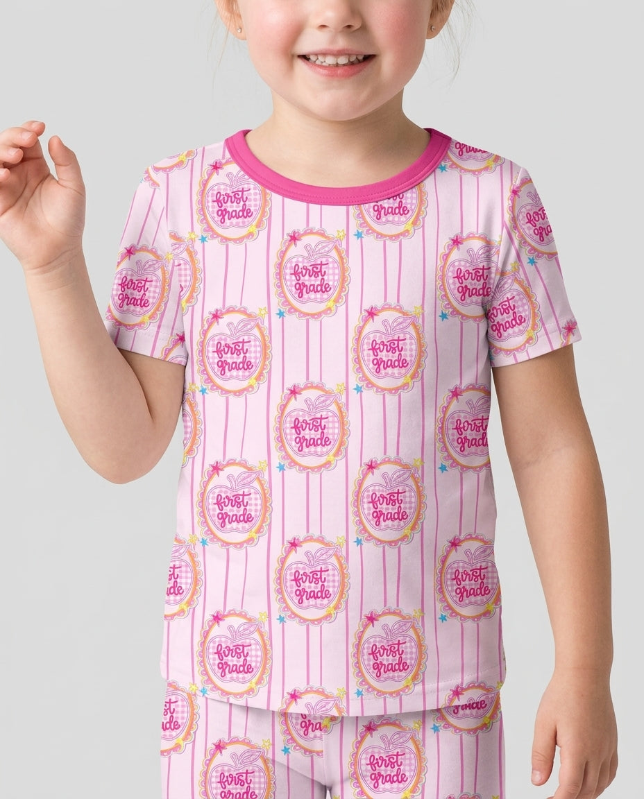 Custom Grade School Sweetie Bamboo Two Piece Short Sleeve Shorts Pajama Set
