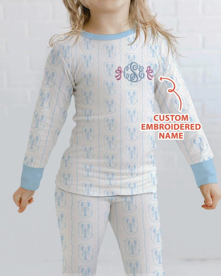 Custom Monogram Letter Embroidered Baby Bamboo Two Piece Long Sleeve Pajama Set