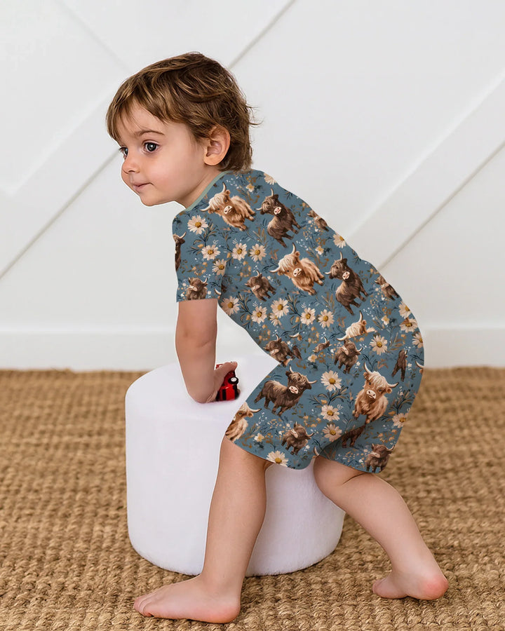 Majestic Highland Cows Family Matching Bamboo Two Piece Short Sleeve Shorts Pajama Set