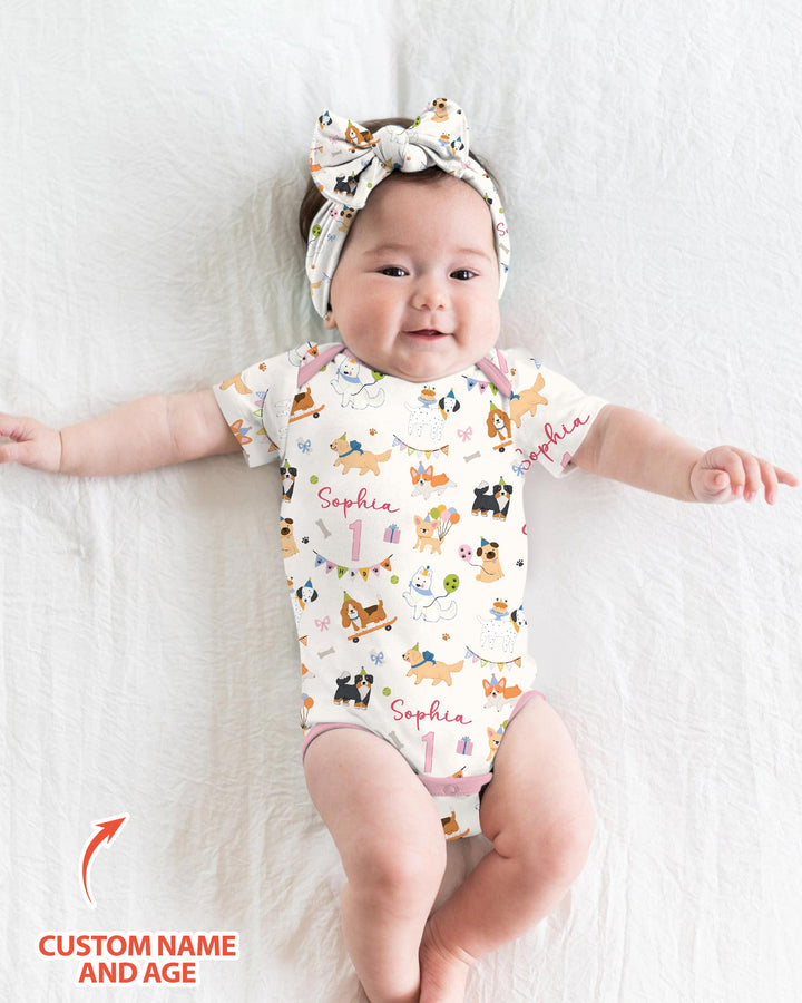 Custom Name Birthday Dogs Party Bamboo Bodysuit