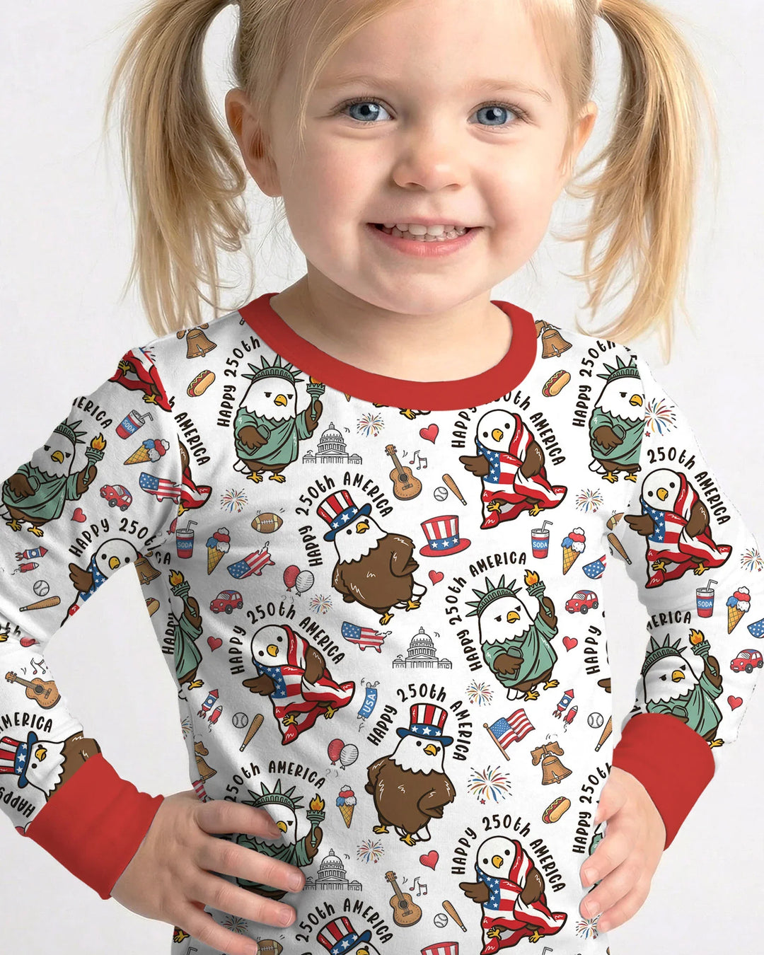 Happy 250th America Cute Patriotic Eagles Family Matching Bamboo Two Piece Long Sleeve Pajama Set
