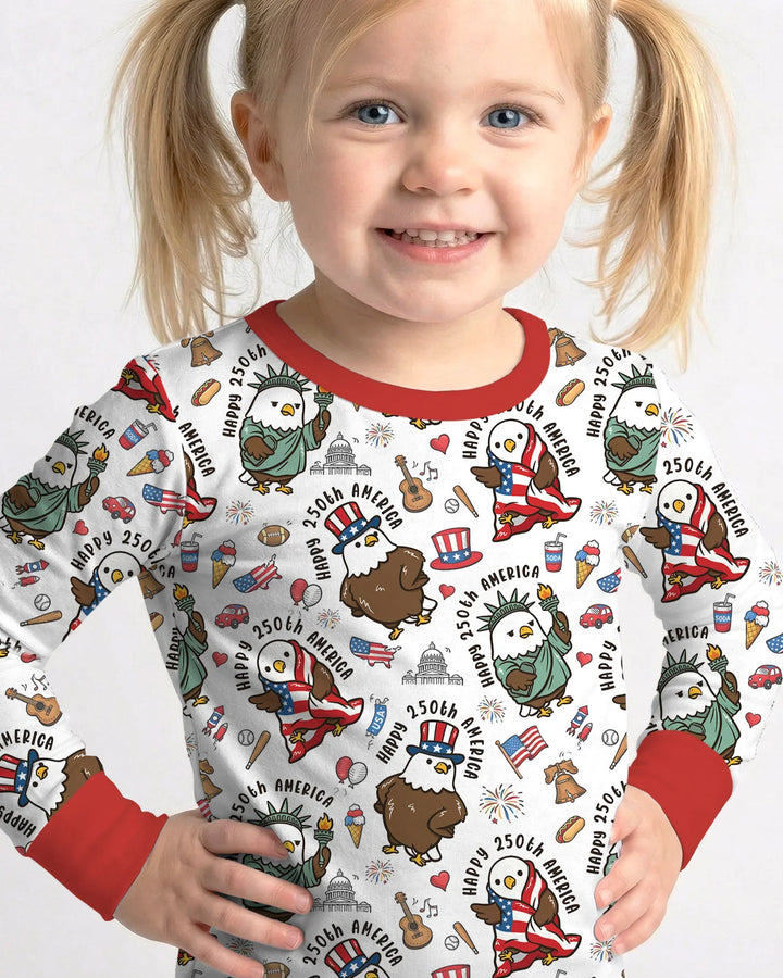 Happy 250th America Cute Patriotic Eagles Family Matching Bamboo Two Piece Long Sleeve Pajama Set