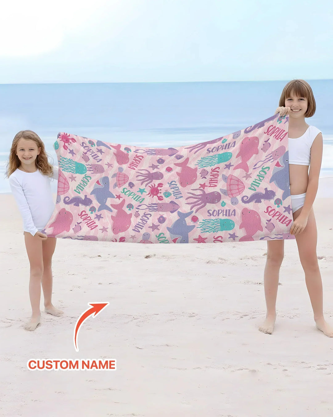 Custom Name Sea Life Kid Bamboo Beach Towel