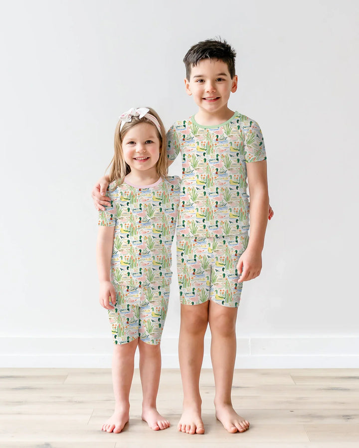 Whimsical Mallard Duck Bamboo Two Piece Short Sleeve Shorts Pajama Set