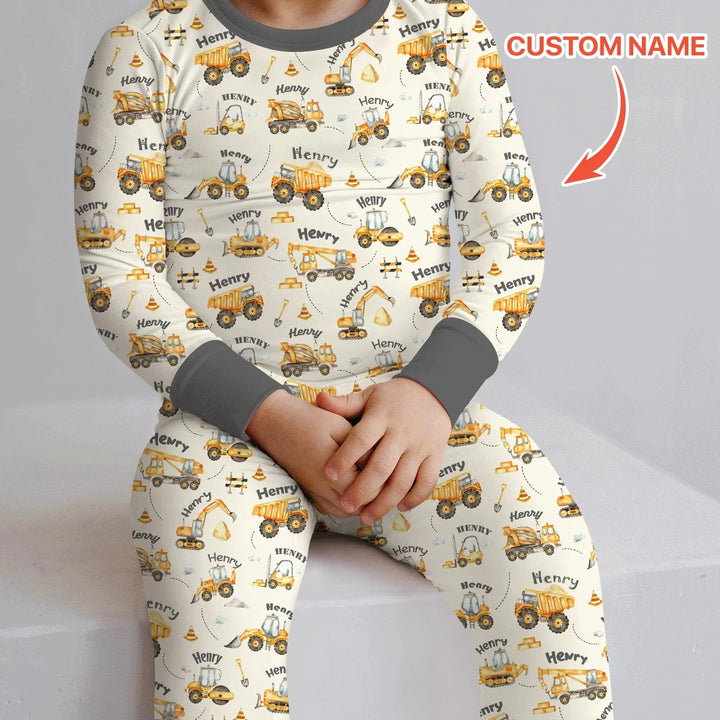 Constructions Machines Custom Name Bamboo Two Piece Long Sleeve Pajama Set