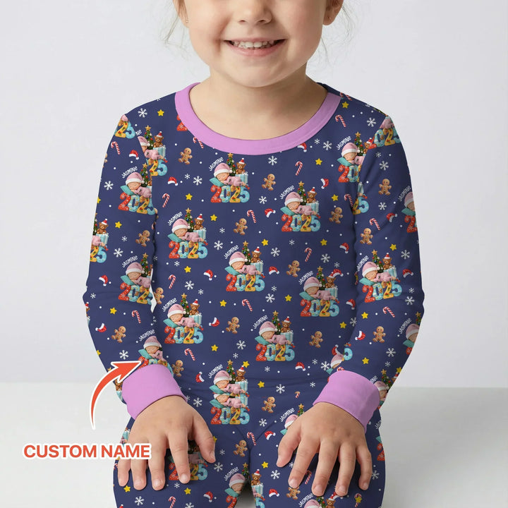 Custom Name Baby Girl's First Christmas Bamboo Two Piece Long Sleeve Pajama Set