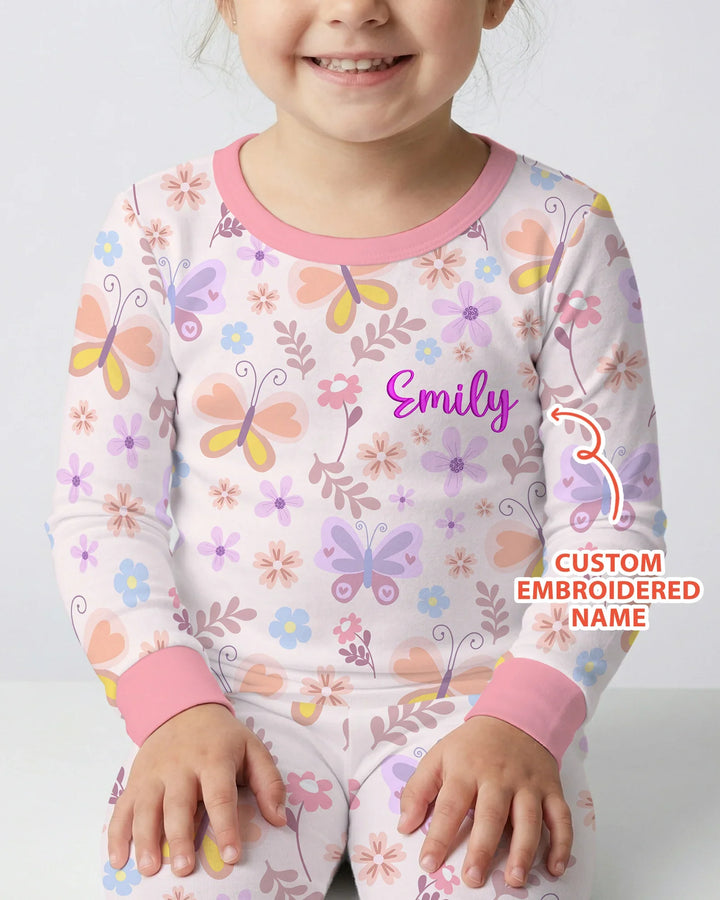 Custom Embroidered Name Butterfly Bamboo Two Piece Long Sleeve Pajama Set