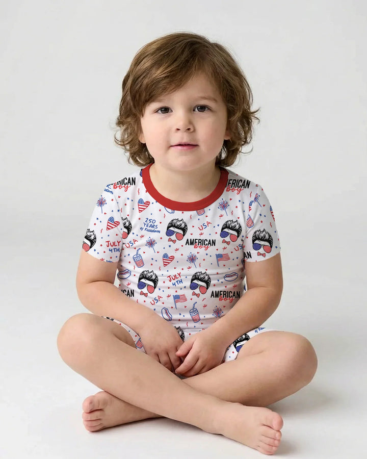 Doodle American Flag Glasses Family Matching Bamboo Two Piece Short Sleeve Shorts Pajama Set