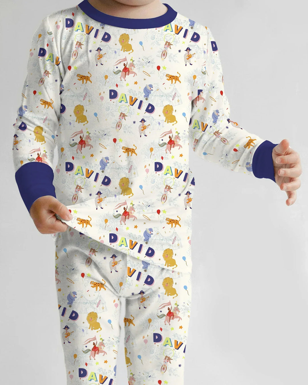 Custom Name Circus Toile Bamboo Two Piece Long Sleeve Pajama Set