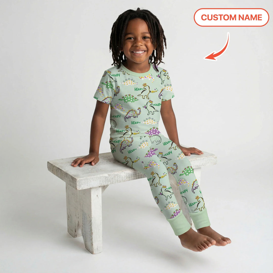 Custom Name Mardi Gras Saurus Bamboo Two Piece Short Sleeve Pajama Set
