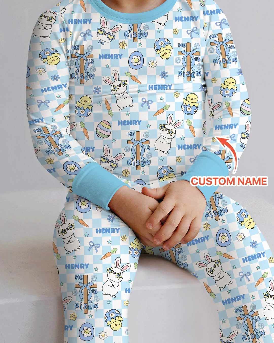 Custom Name Retro Easter Bamboo Two Piece Long Sleeve Pajama Set