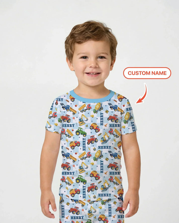 Under Construction Custom Name Bamboo Two Piece Short Sleeve Pajama Set