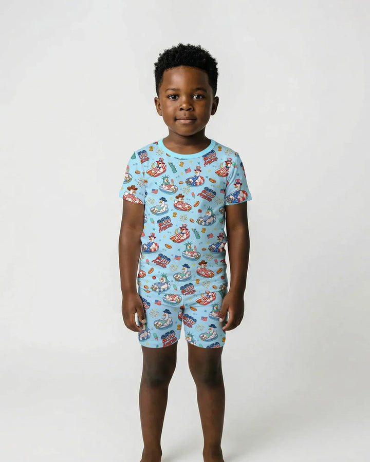 250 America Patriotic Goose Family Matching Bamboo Two Piece Short Sleeve Shorts Pajama Set