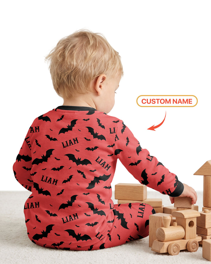 Black Bat Halloween Custom Name Bamboo Two Piece Long Sleeve Pajama Set