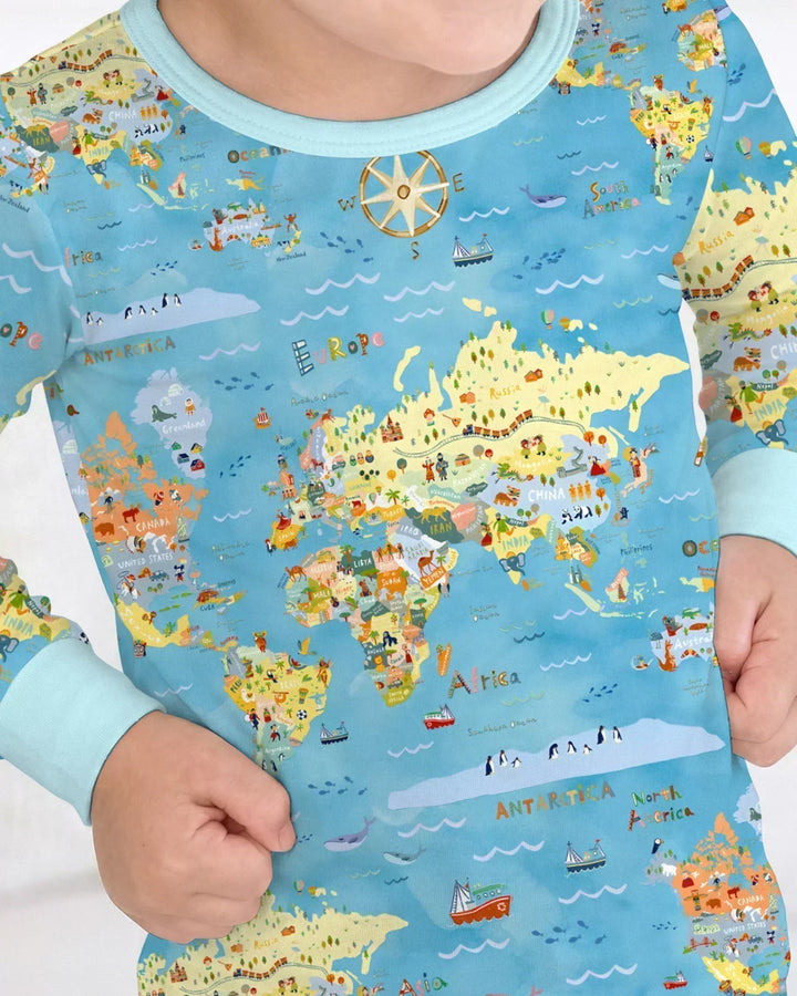Whimsical World Map Family Matching Bamboo Two Piece Long Sleeve Pajama Set
