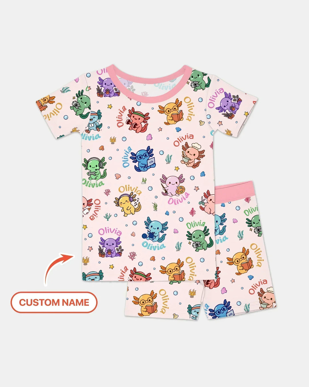 Custom Name Cute Hobby Axolotl Bamboo Two Piece Short Sleeve Shorts Pajama Set