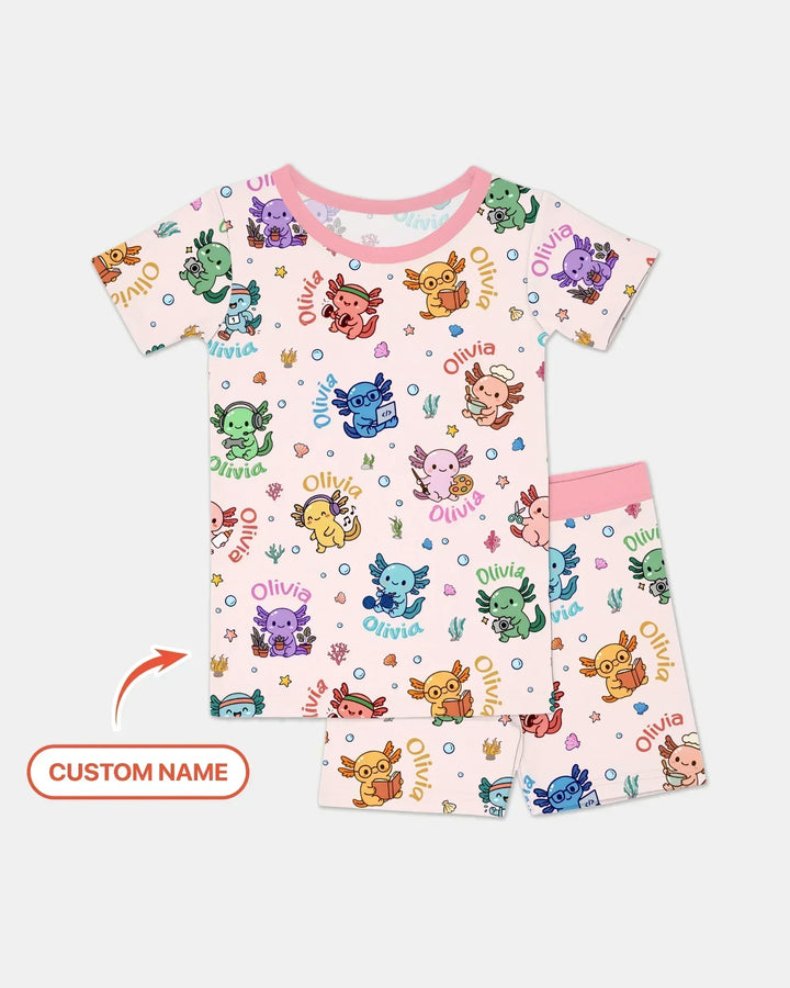 Custom Name Cute Hobby Axolotl Bamboo Two Piece Short Sleeve Shorts Pajama Set