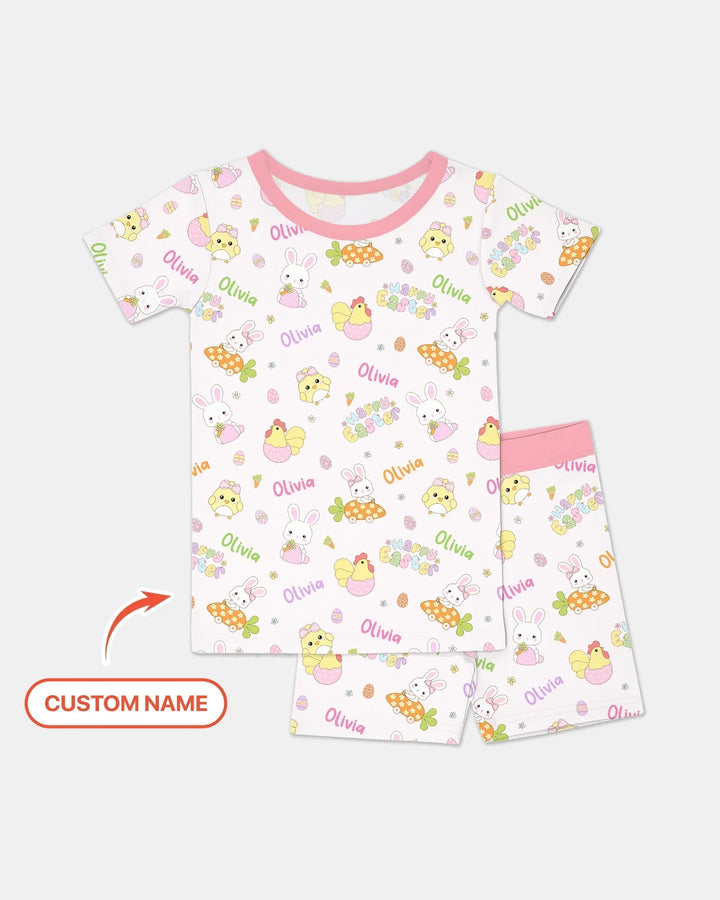 Custom name Happy Easter Bamboo Two Piece Short Sleeve Shorts Pajama Set