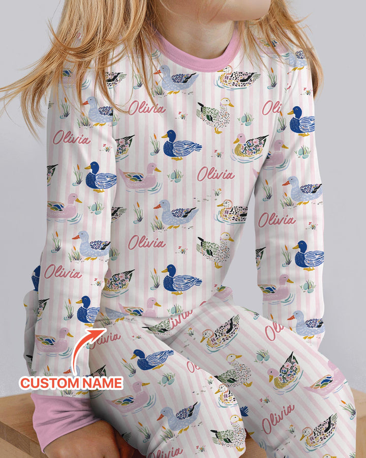 Whimsical Duck Custom Name Bamboo Two Piece Long Sleeve Pajama Set