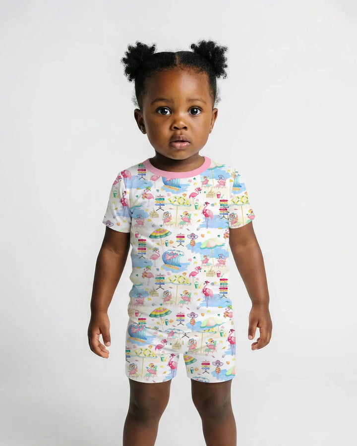 Flamingo Beach Family Matching Bamboo Two Piece Short Sleeve Shorts Pajama Set