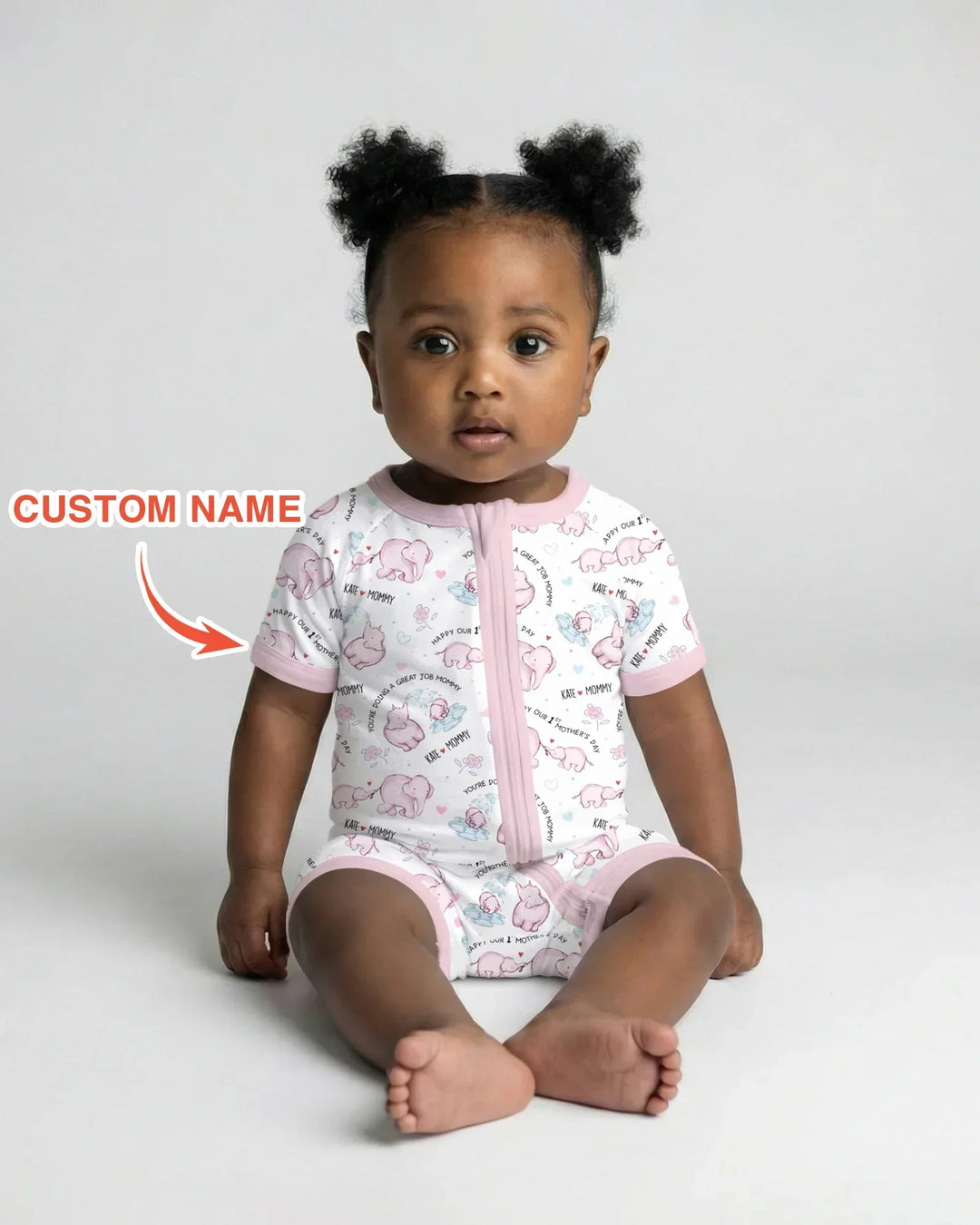Custom Name Mother & Baby Elephant Bamboo Shorty Zippy