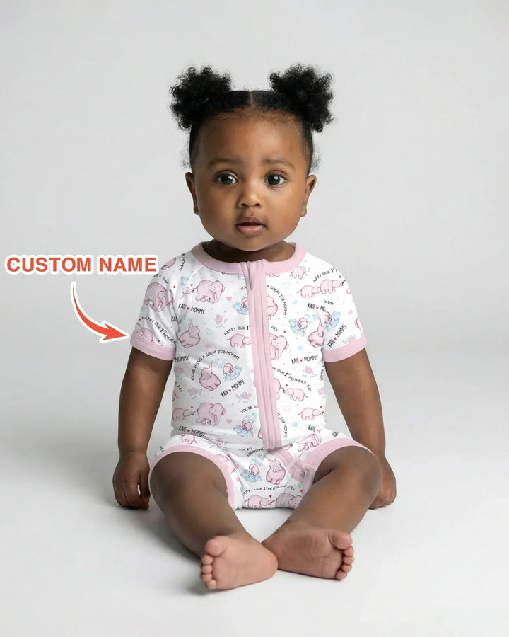 Custom Name Mother & Baby Elephant Bamboo Shorty Zippy