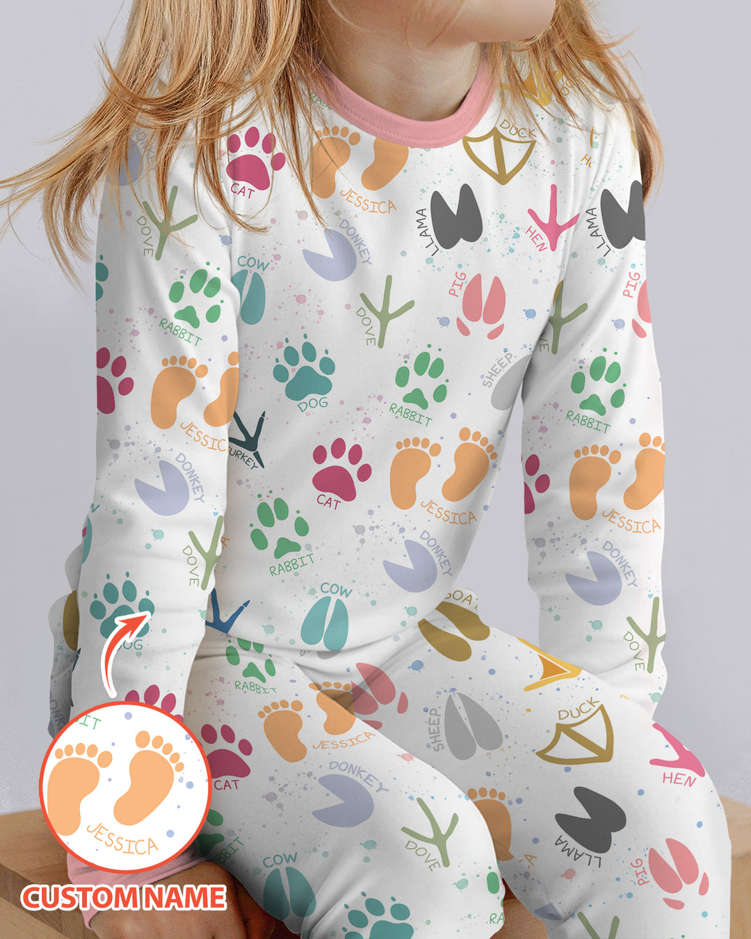 Cute Farm Animal Tracks Custom Name Bamboo Two Piece Long Sleeve Pajama Set