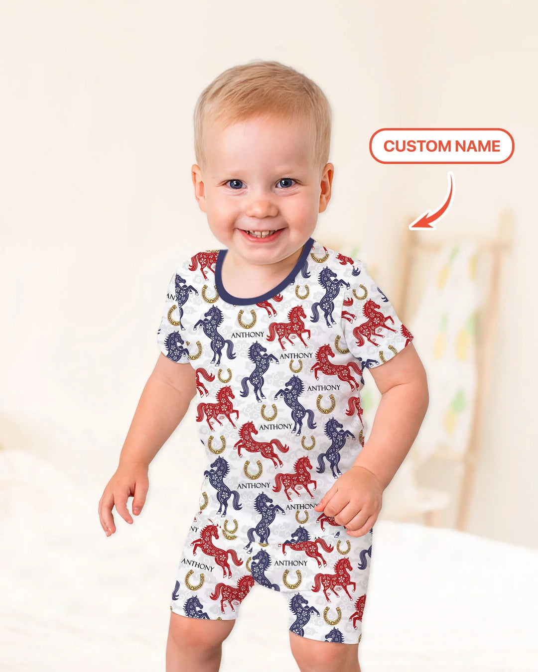 Custom Name Chinoiserie Horses Bamboo Two Piece Short Sleeve Shorts Pajama Set