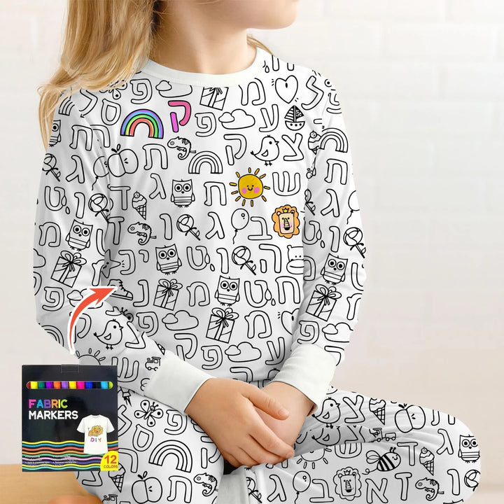 Hebrew Alphabet Colorable Bamboo Two Piece Long Sleeve Pajama Set