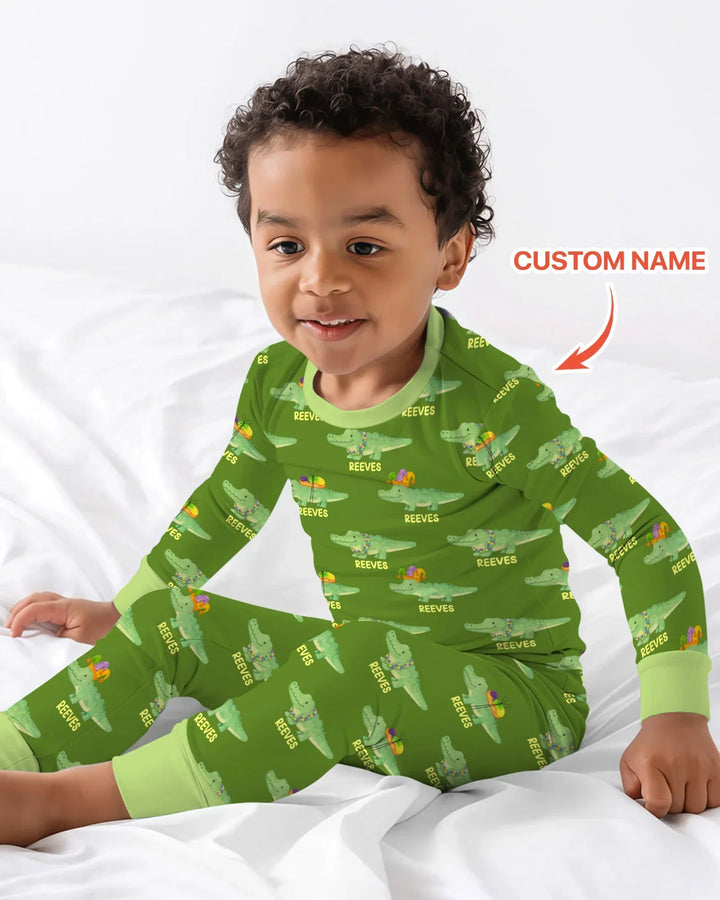 Custom Name Mardi Gras Gator Bamboo Two Piece Long Sleeve Pajama Set