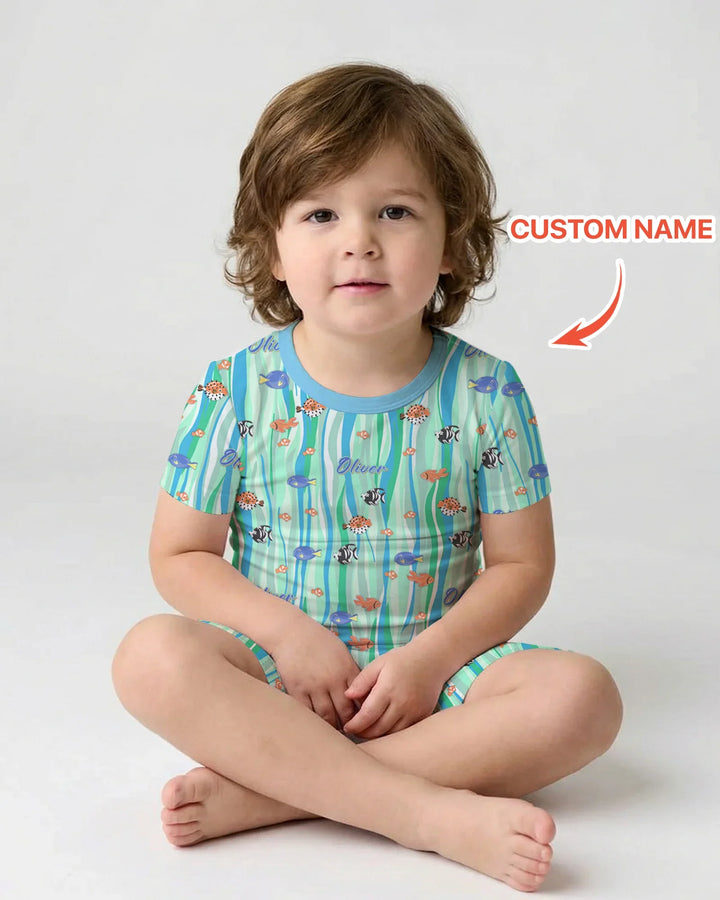 Custom Name Summer Beach Bamboo Two Piece Short Sleeve Shorts Pajama Set