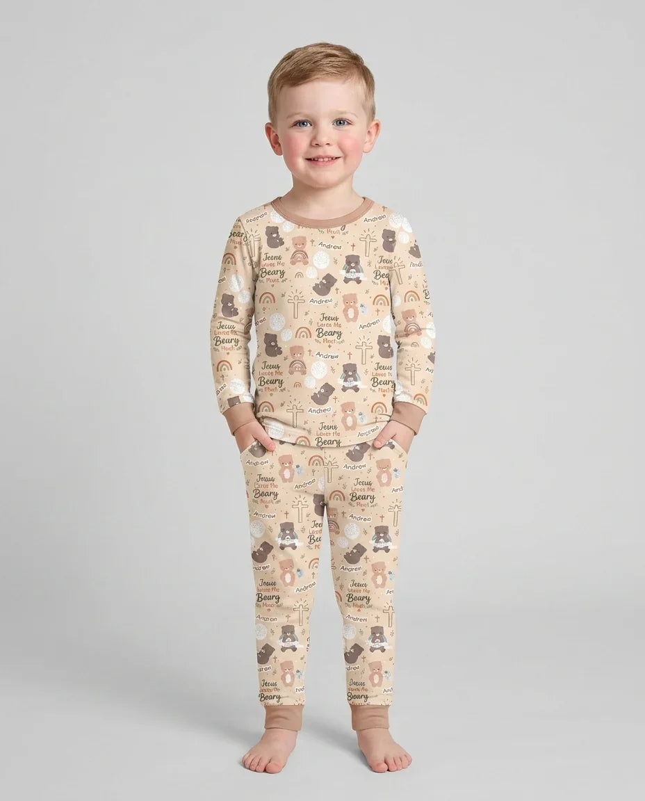 Custom Name Jesus Loves Me Beary Much Bamboo Two Piece Long Sleeve Pajama Set